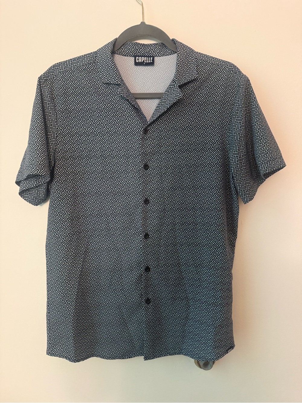 Men's Short-Sleeve Button-Down Shirt in Navy Geometric Print Capelle Miami